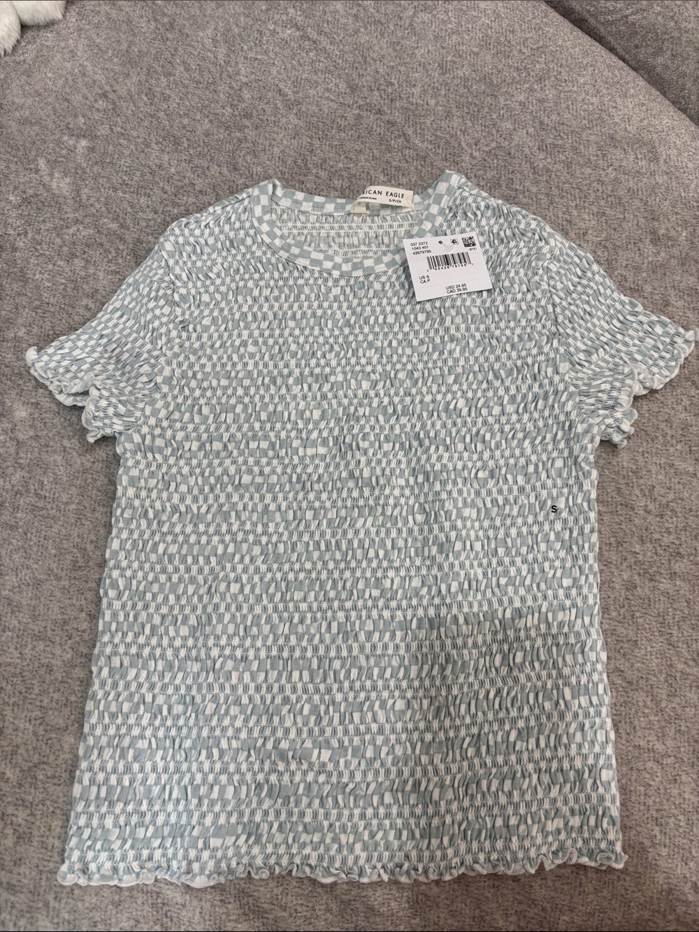 NWT American Eagle Outfitters Pale Blue & White Smocked Short Sleeve Top